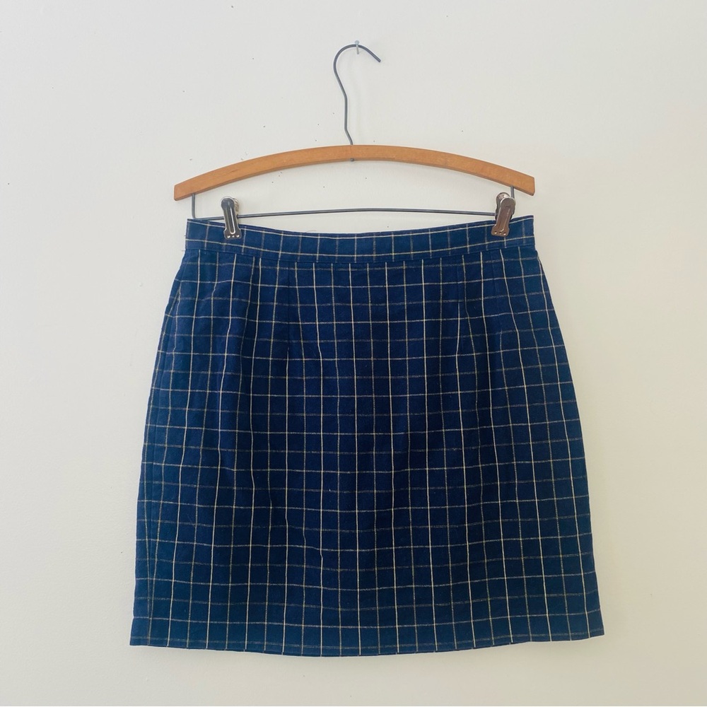 Vintage Esprit Skirt Navy Blue Windowpane Check Cotton Rayon Linen 80s 90s